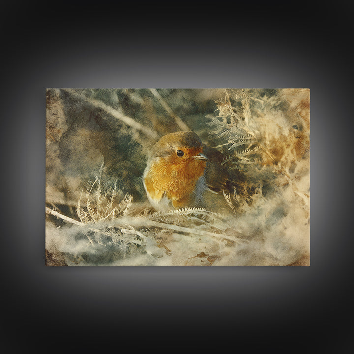 Robin in a Spring Garden with Soft Canvas Print, Bird Art, Textured Painting, Living Room Decor, Watercolor Art, Flight, BIR-3x2-67