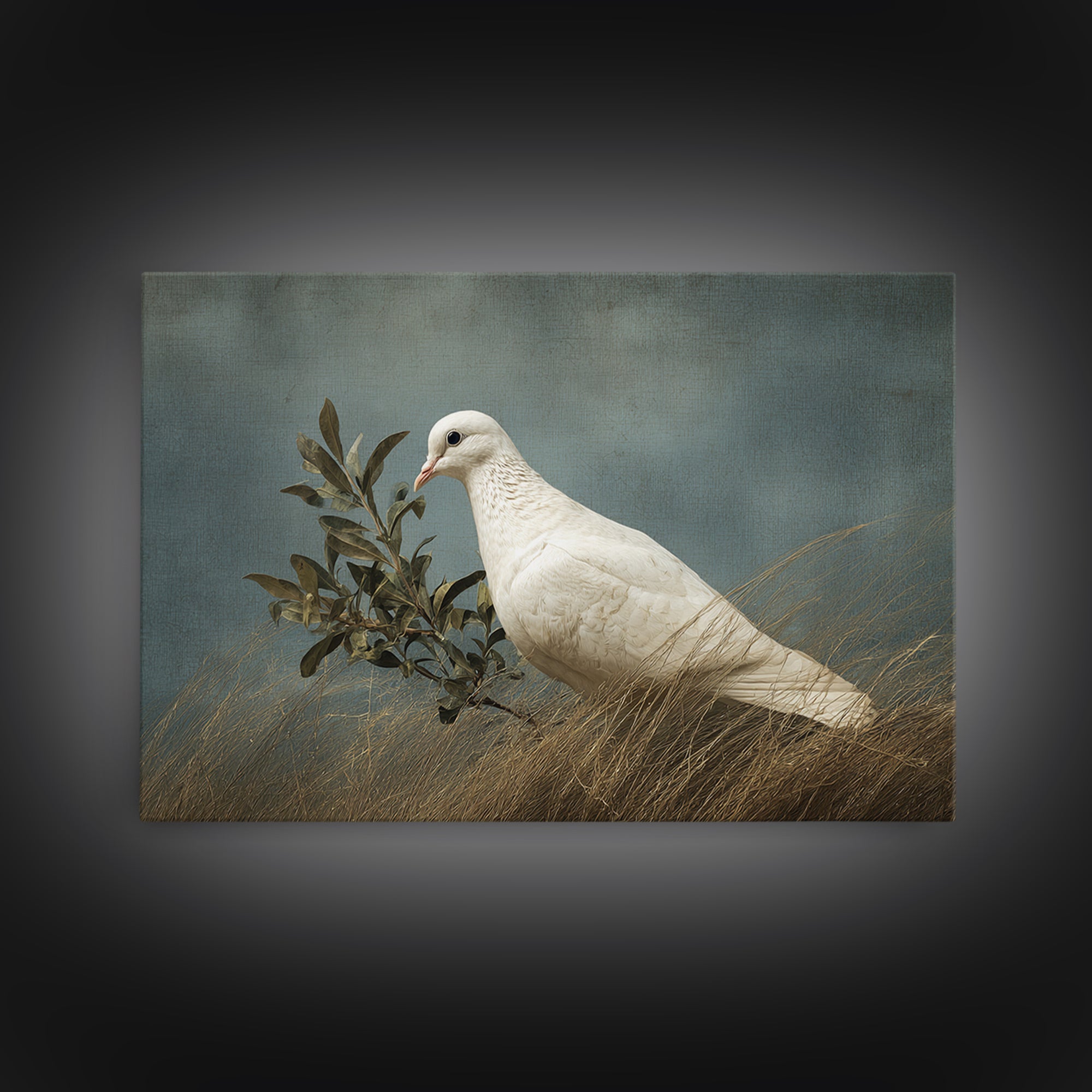 White Dove with Olive Branch and Calm Canvas Print, Bird Art, Neutral Decor, Living Room Decor, Oil Painting, Flight, BIR-3x2-68