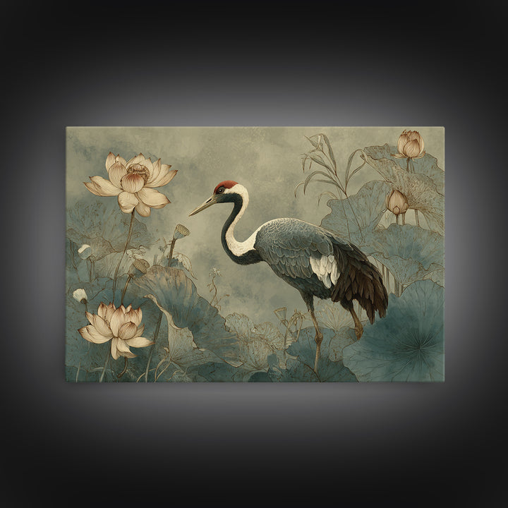 Crane and Lotus Composition Framed Canvas Print, Bird Art, Nature Prints, Living Room Decor, Fine Art, Flight, Boho Decor, BIR-3x2-69