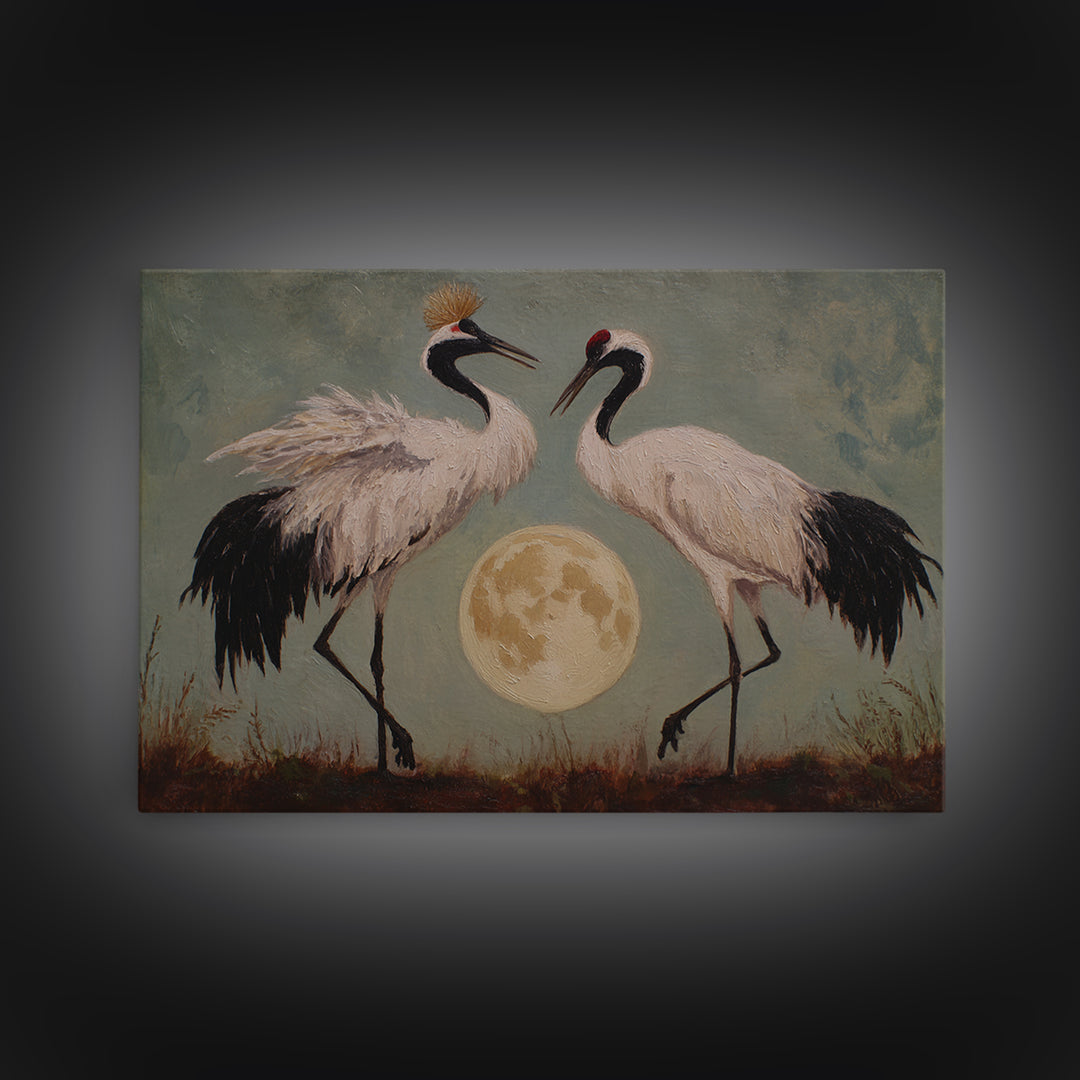Pair of Cranes Dancing Framed Canvas Print, Bird Art, Home Decor, Living Room Decor, Abstract Art, Flight, Modern Wall Art, BIR-3x2-7