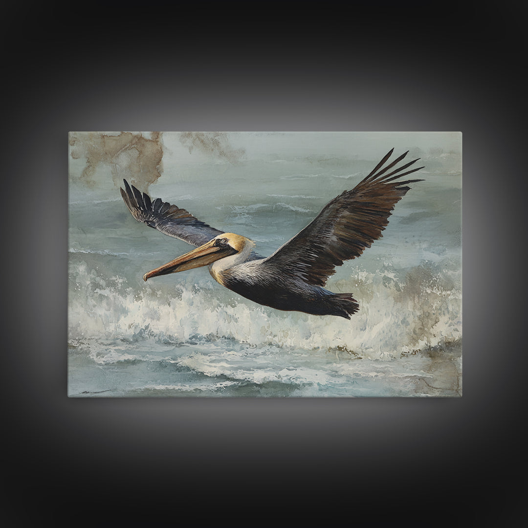 Pelican Flying over Coastal Waves Framed Canvas Print, Bird Art, Boho Wall Decor, Living Room Decor, Fine Art, Flight, BIR-3x2-70