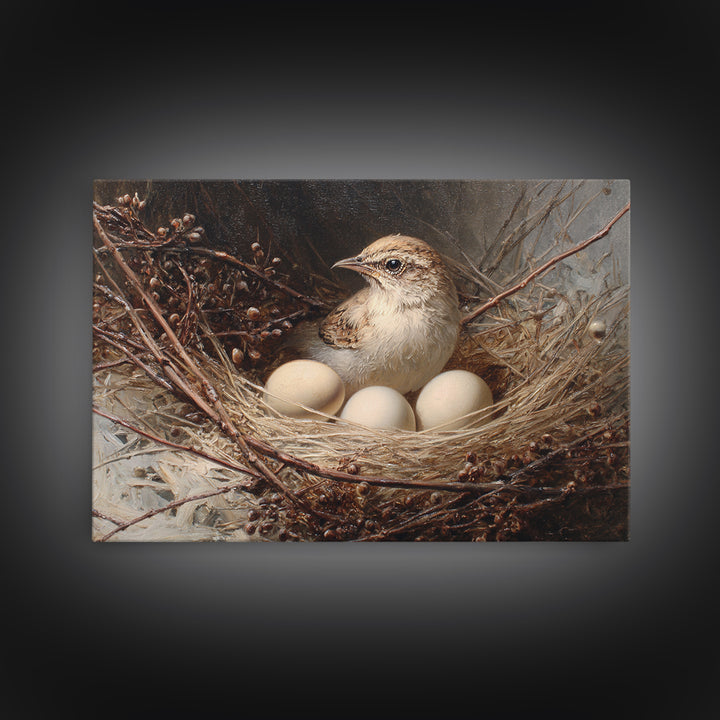Bird Nest with Eggs and Delicate Twigs Framed Canvas Print, Bird Art, Living Room Decor, Oil Painting, Flight, BIR-3x2-74