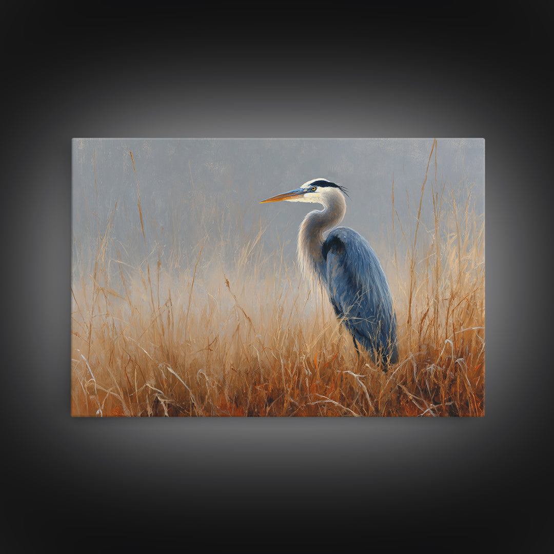 Blue Heron in Misty Marsh Grass Framed Canvas Print, Bird Art, Digital Download Art, Living Room Decor, Fine Art, Flight, BIR-3x2-78