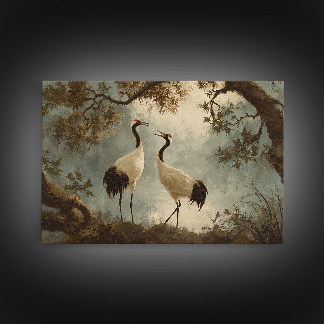 Pair of Cranes Dancing Framed Canvas Print, Bird Art, Bird Wall Art, Living Room Decor, Watercolor Art, Flight, Art Print, BIR-3x2-79