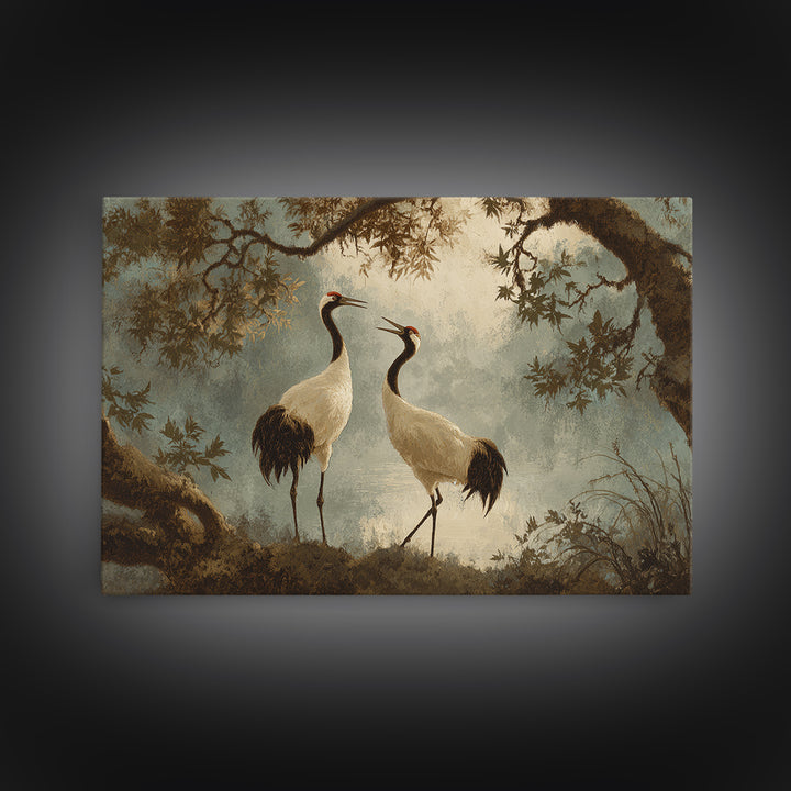 Pair of Cranes Dancing Framed Canvas Print, Bird Art, Bird Wall Art, Living Room Decor, Watercolor Art, Flight, Art Print, BIR-3x2-79