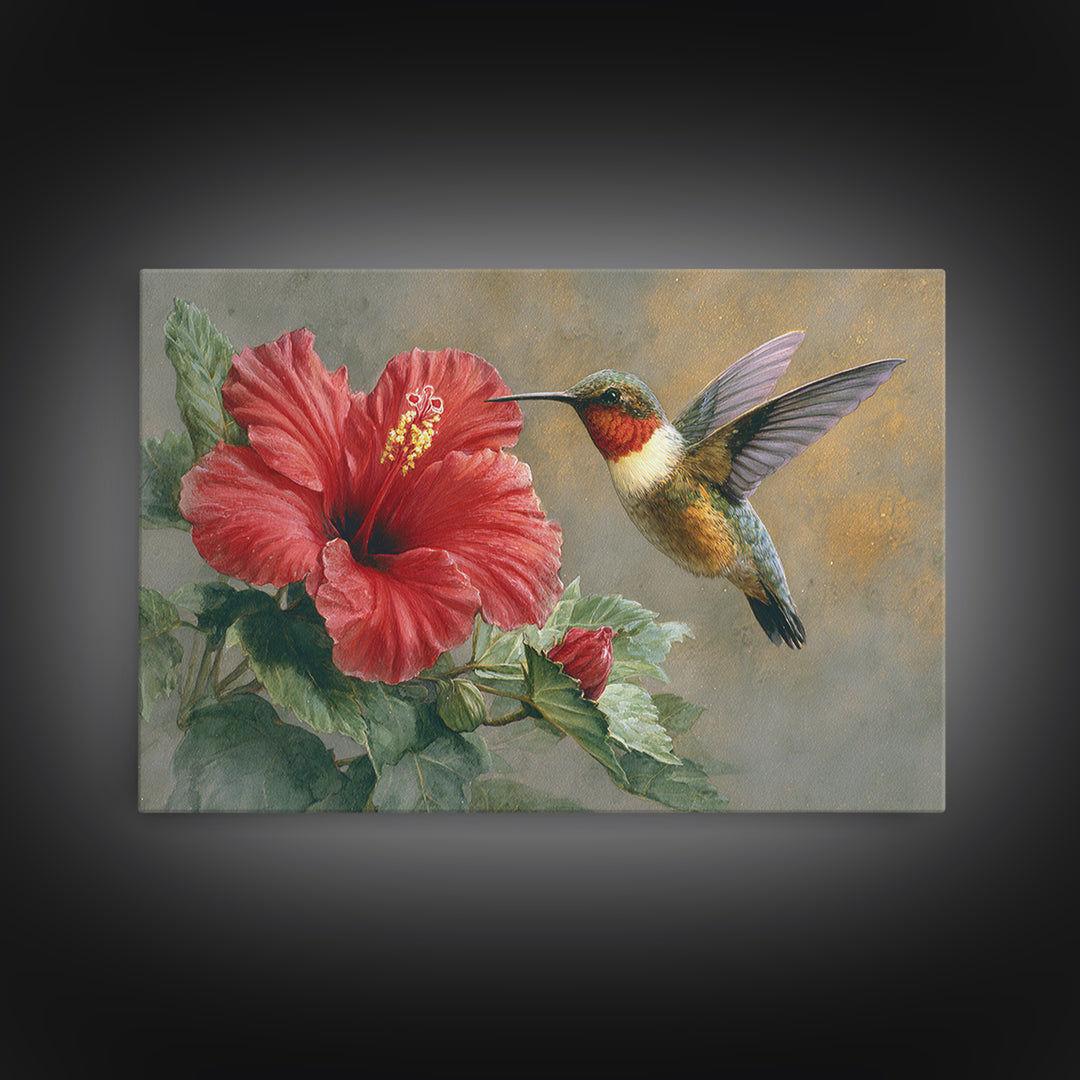 Hummingbird Hovering Beside Bright Hibiscus Framed Canvas Print, Bird Art, Watercolor Painting, Living Room Decor, Oil Painting, BIR-3x2-8