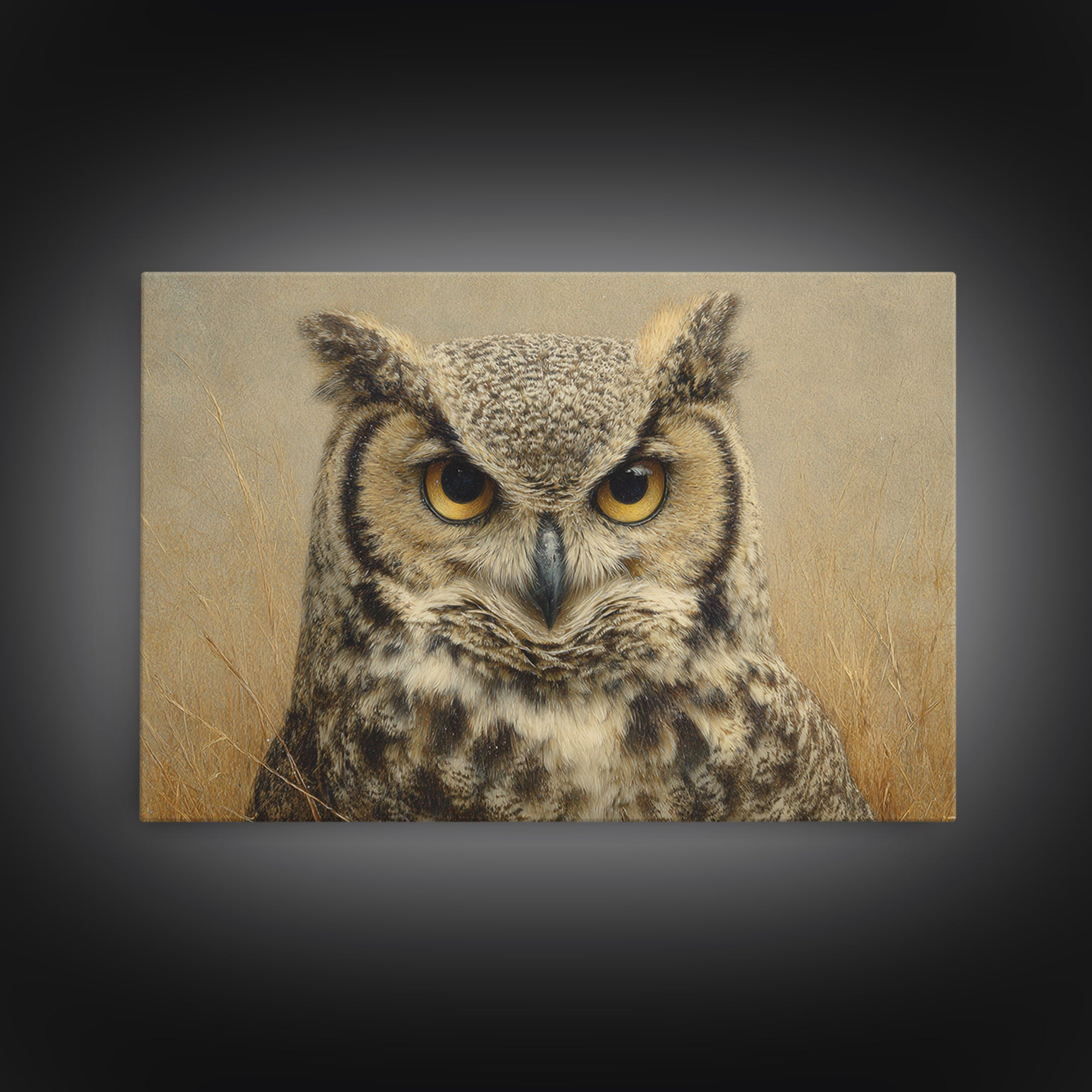 Owl Portrait with Wise Golden Eyes Framed Canvas Print, Bird Art, Bird Wall Art, Living Room Decor, Oil Painting, Flight, BIR-3x2-81