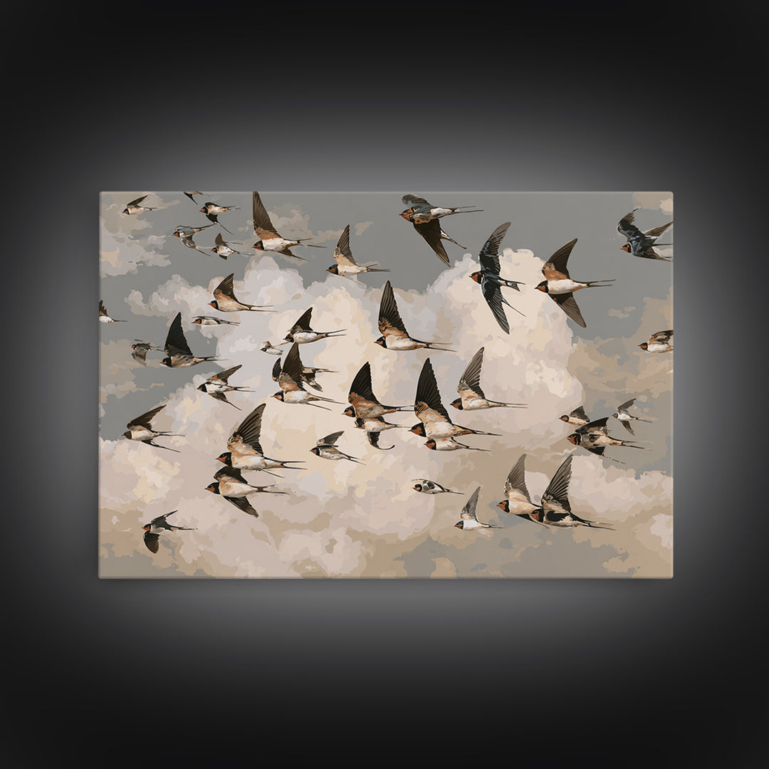 Flock of Swallows Sweeping Across Open Sky Framed Canvas Print, Bird Art, Nature Prints, Living Room Decor, Oil Painting, BIR-3x2-82