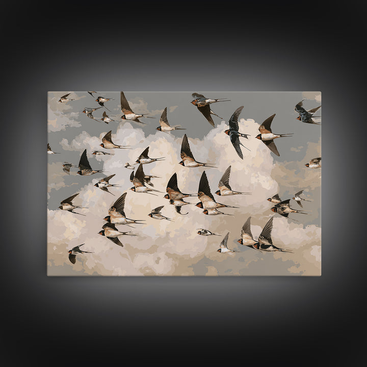 Flock of Swallows Sweeping Across Open Sky Framed Canvas Print, Bird Art, Nature Prints, Living Room Decor, Oil Painting, BIR-3x2-82