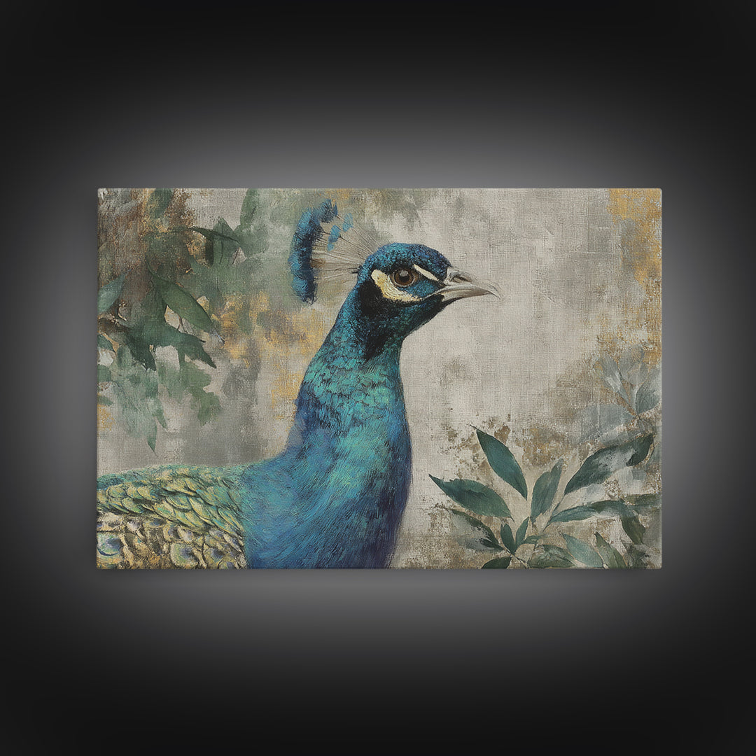 Peacock with Jewel Tone Feather Pattern Canvas Print, Bird Art, Wall Art, Living Room Decor, Flight, Japanese Wall Art, BIR-3x2-83