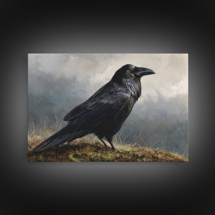 Raven Silhouette with Gothic Atmosphere Framed Canvas Print, Bird Art, Nature Wall Art, Living Room Decor, Fine Art, Flight, BIR-3x2-85