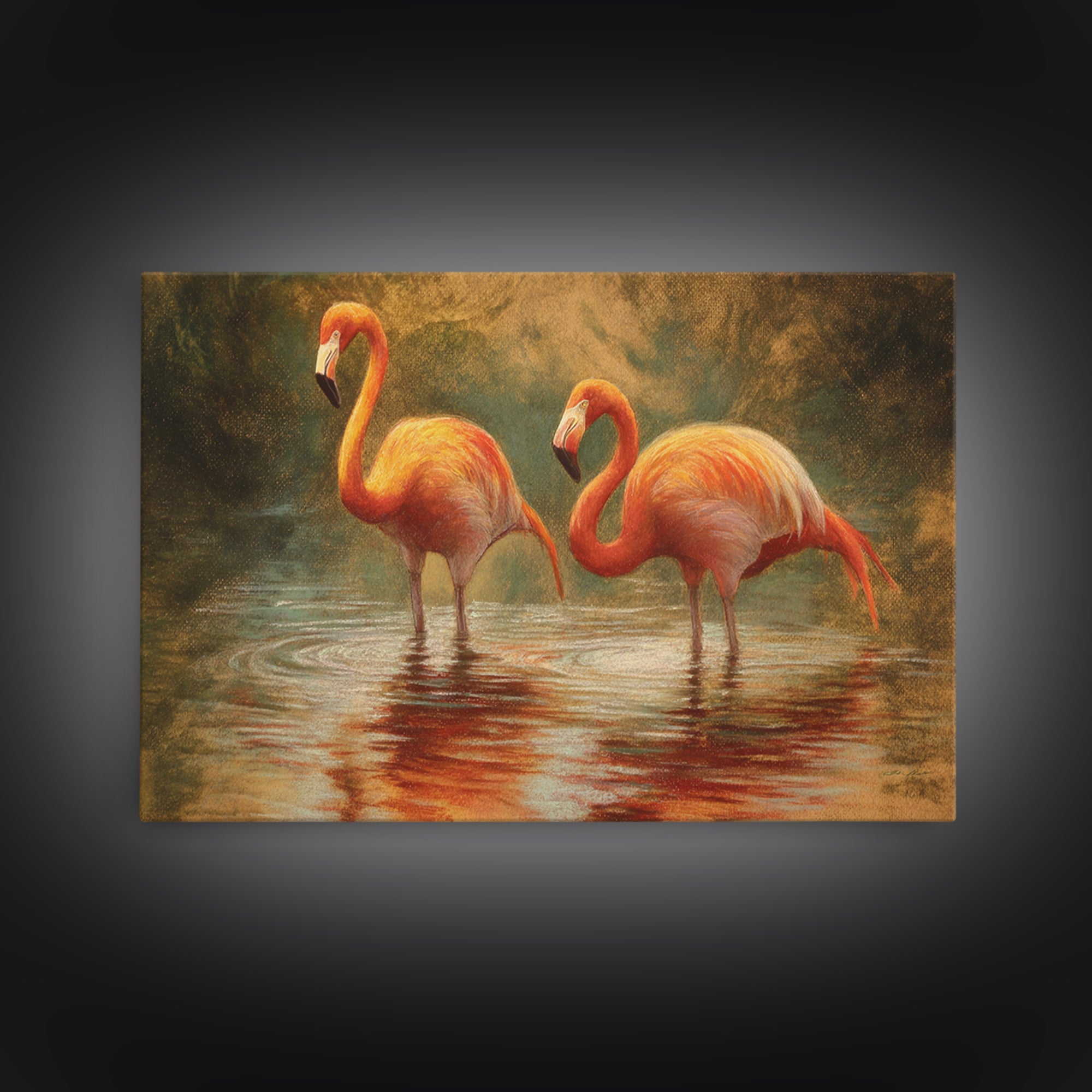 Flamingo Pair in Coral Water Reflections Framed Canvas Print, Bird Art, Gallery Wall, Living Room Decor, Fine Art, Flight, BIR-3x2-86