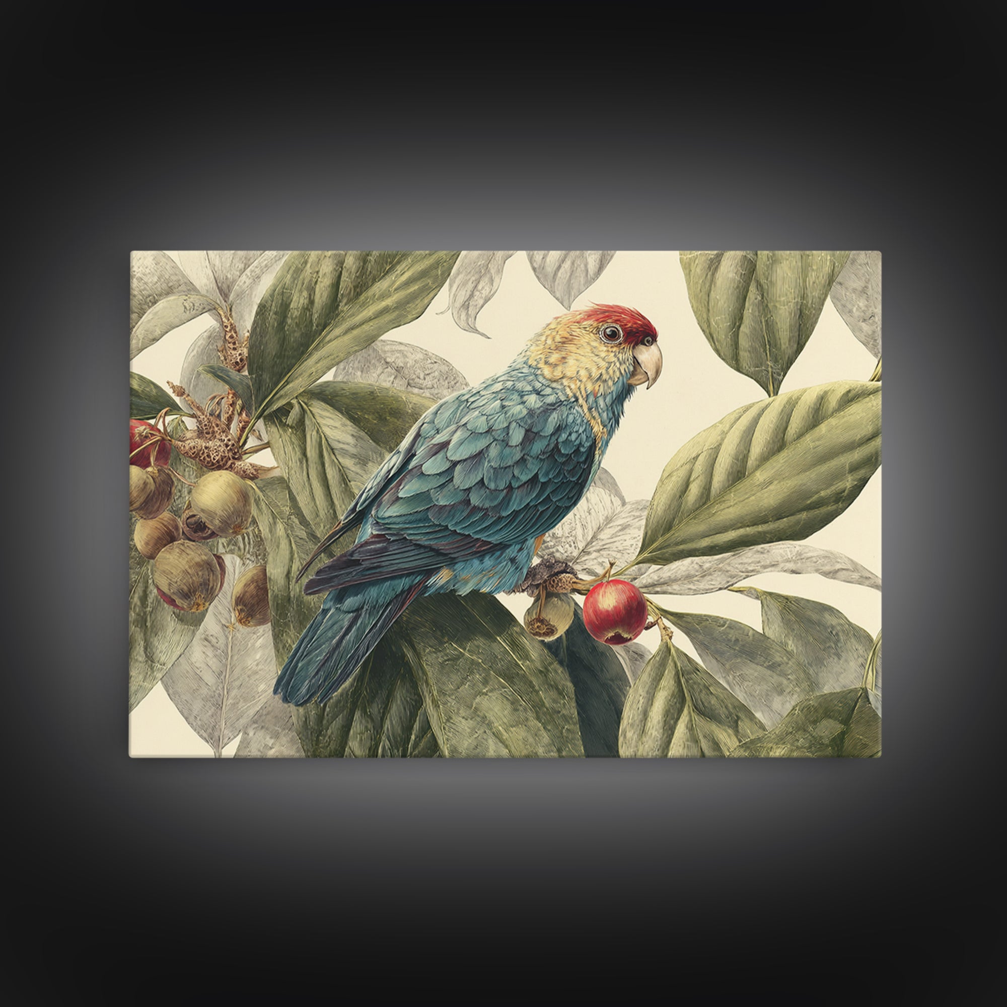 Parrot Among Tropical Leaves and Fruit Canvas Print, Bird Art, Rustic Home Decor, Living Room Decor, Oil Painting, Flight, BIR-3x2-89