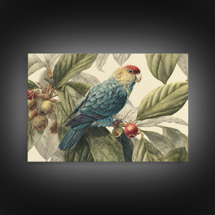 Parrot Among Tropical Leaves and Fruit Canvas Print, Bird Art, Rustic Home Decor, Living Room Decor, Oil Painting, Flight, BIR-3x2-89