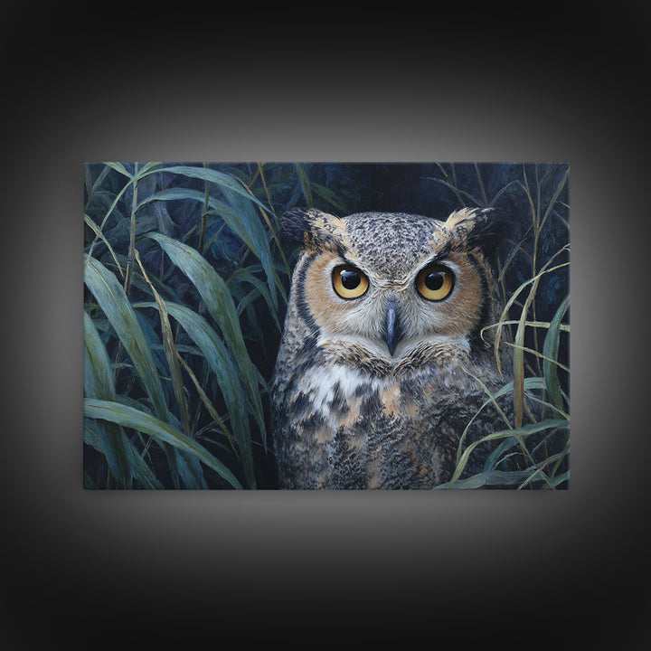 Owl Portrait with Wise Golden Eyes Framed Canvas Print, Bird Art, Boho Wall Decor, Living Room Decor, Fine Art, Flight, BIR-3x2-9