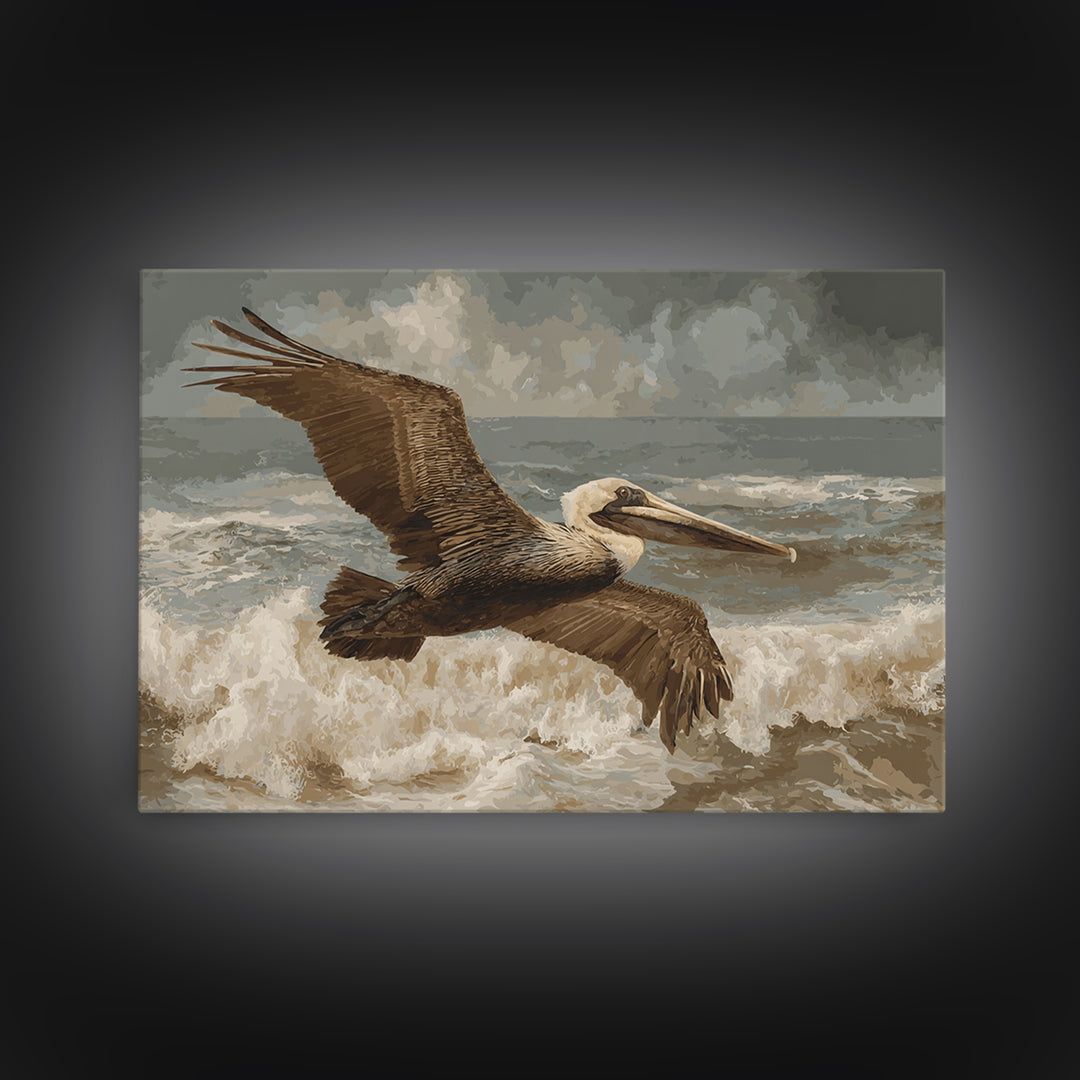 Pelican Flying over Coastal Waves Canvas Print, Bird Art, Bird Prints, Living Room Decor, Abstract Art, Flight, Modern Decor, BIR-3x2-94
