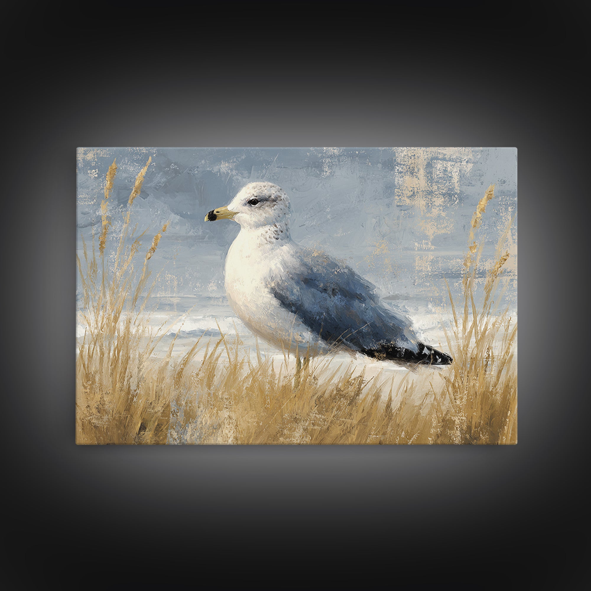 Seagulls Above a Pale Beach Horizon Framed Canvas Print, Bird Art, Art Print, Living Room Decor, Fine Art, Flight, Original Art, BIR-3x2-96