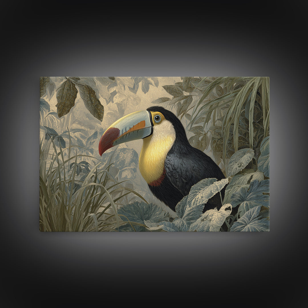 Toucan Framed by Bold Jungle Foliage Framed Canvas Print, Bird Art, Minimalist Decor, Living Room Decor, Fine Art, Flight, BIR-3x2-99