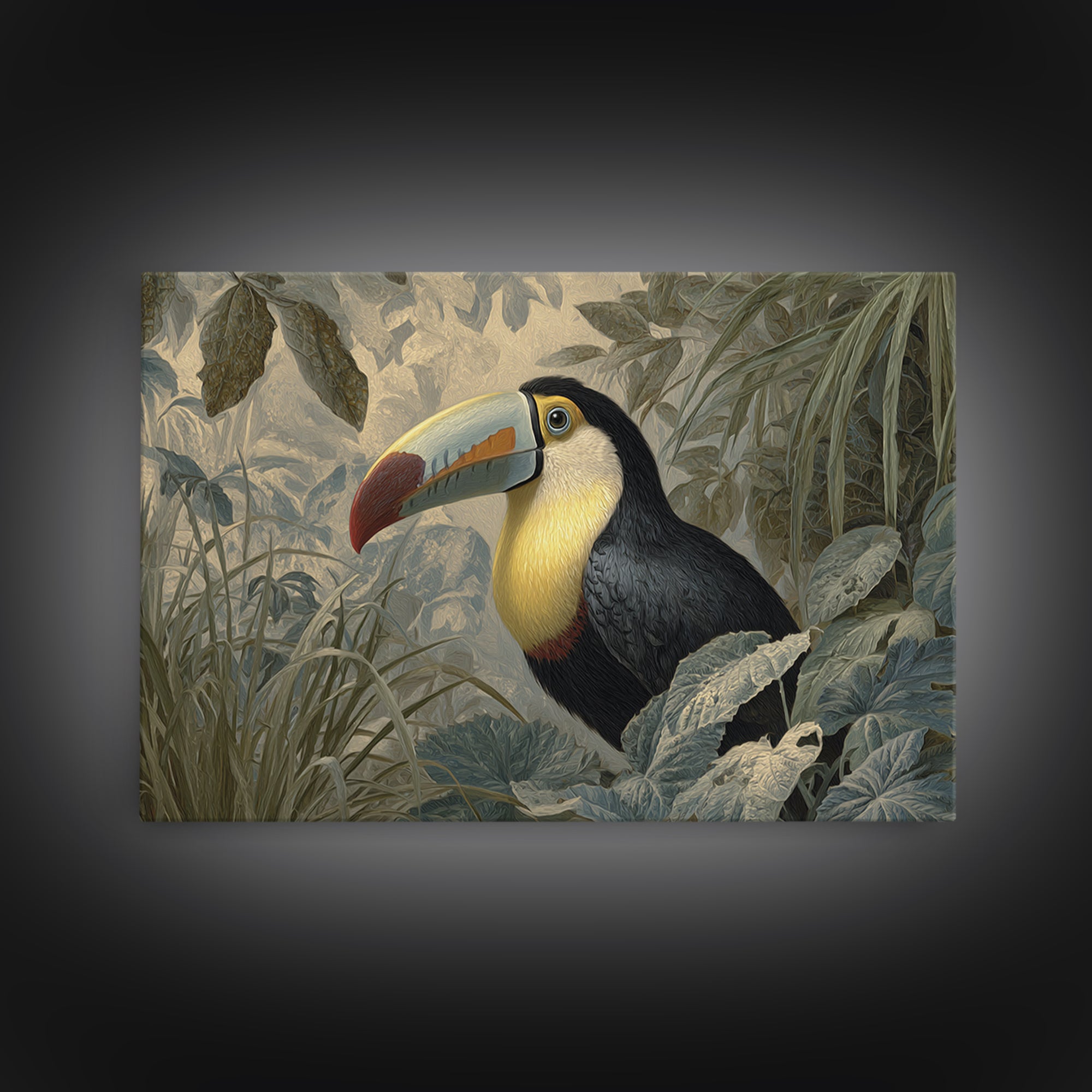 Toucan Framed by Bold Jungle Foliage Framed Canvas Print, Bird Art, Minimalist Decor, Living Room Decor, Fine Art, Flight, BIR-3x2-99