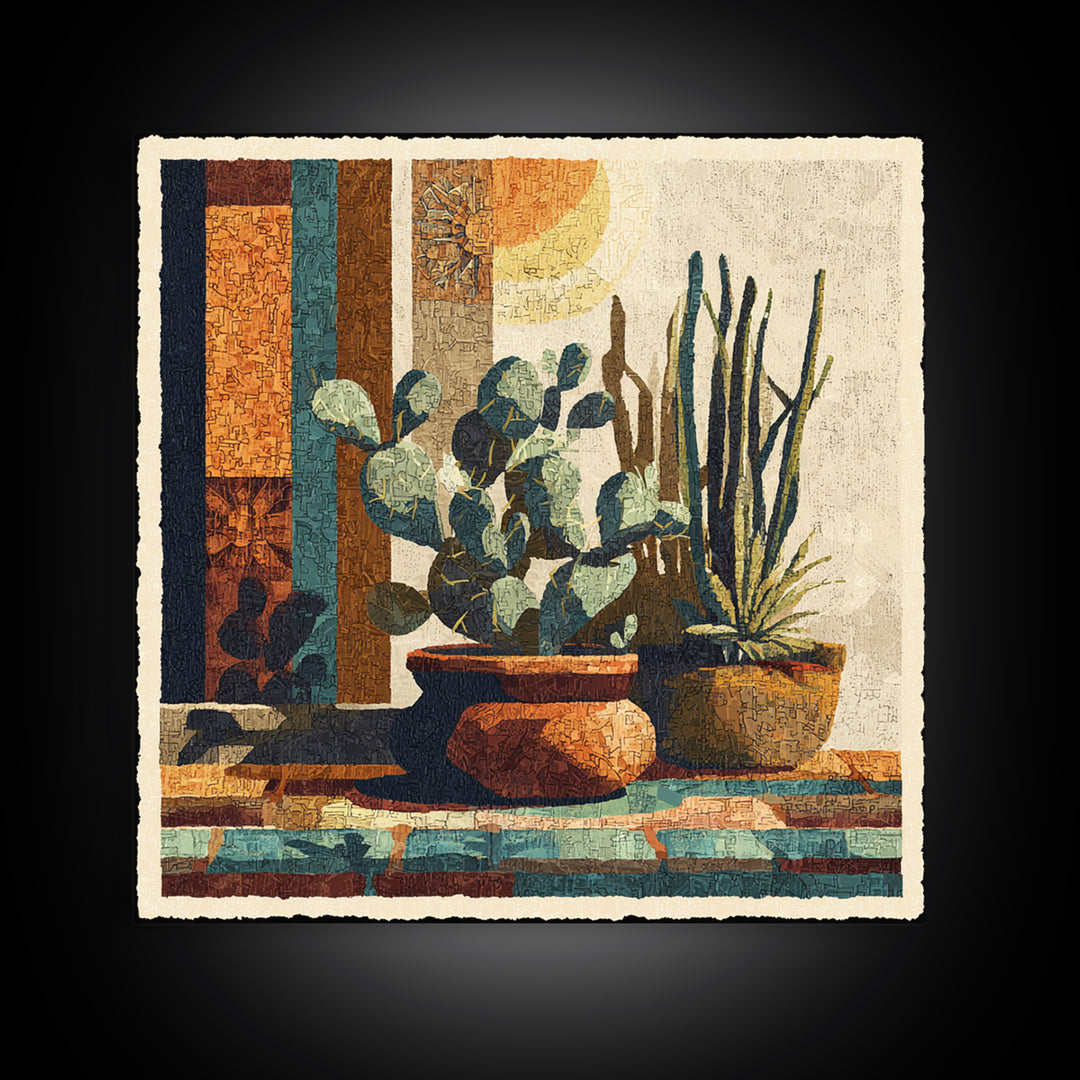 Desert Sun with Cactus and Warm Clay Framed Canvas Print, Boho Art, Textured Painting, Living Room Decor, Fine Art, Bohemian, BOH-1x1-1