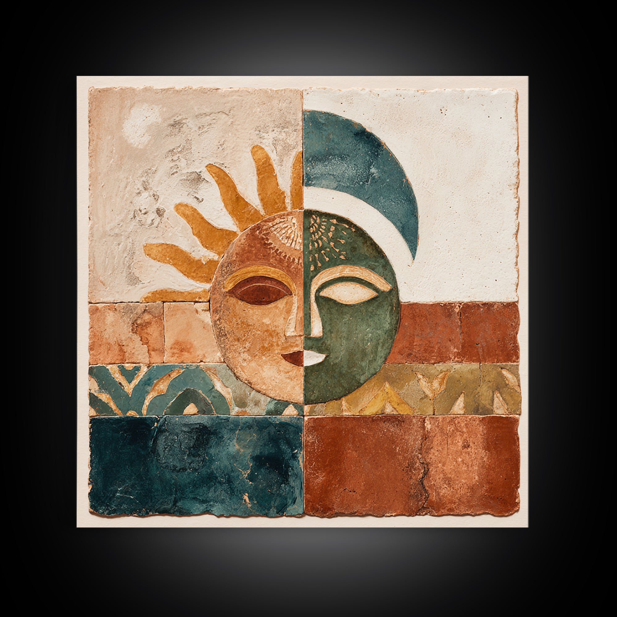 Sun and Moon Celestial Folk Motif Canvas Print, Boho Art, Wall Print, Living Room Decor, Fine Art, Bohemian, Minimalist Decor, BOH-1x1-10