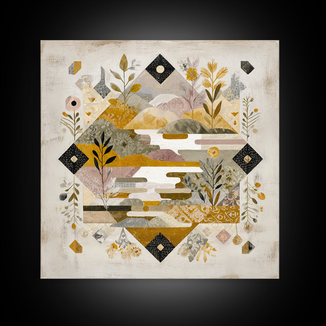 Earth Tone Mountain and River Abstraction Framed Canvas Print, Boho Art, Art Nouveau, Living Room Decor, Fine Art, Bohemian, BOH-1x1-11