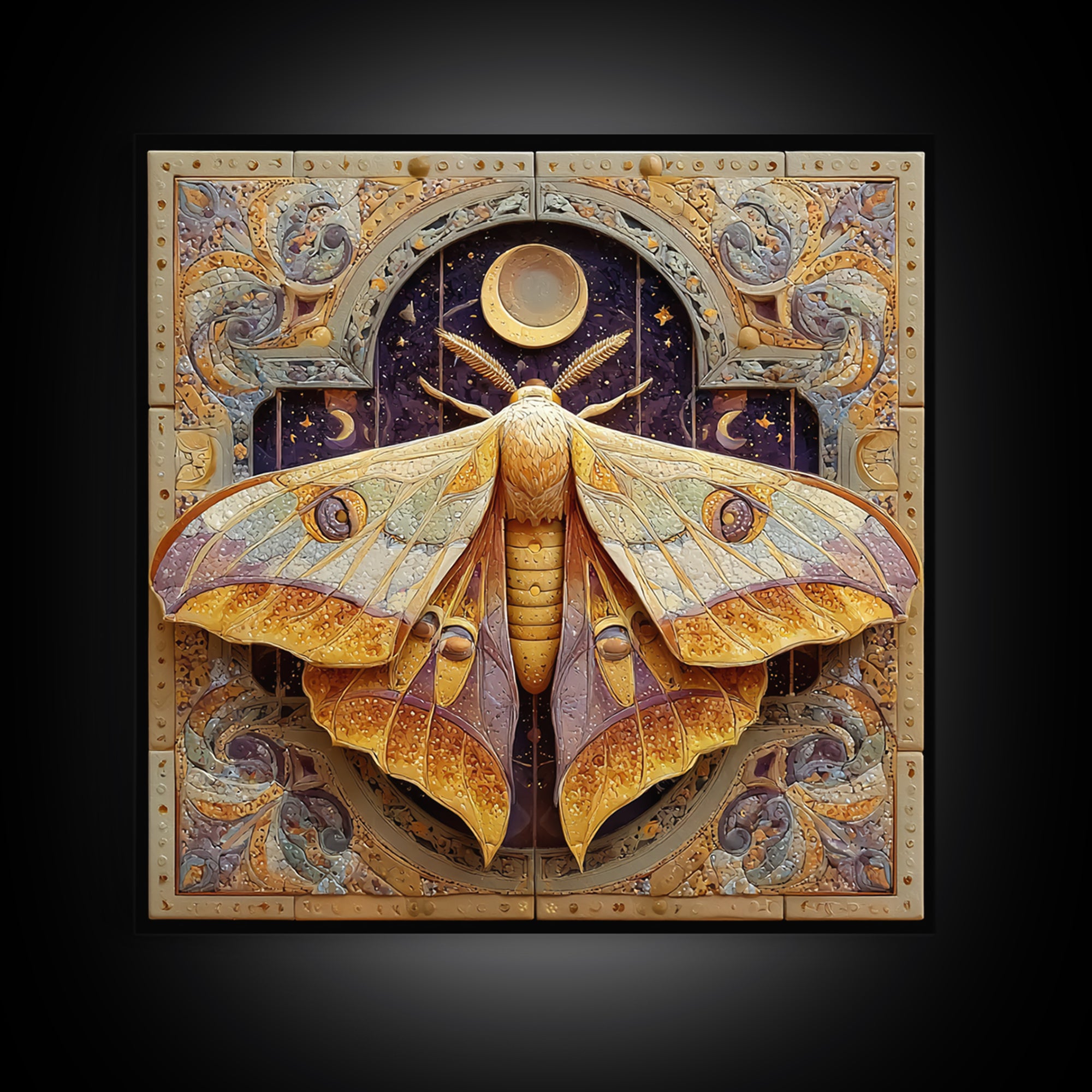 Golden Moth with Moon and Stars Canvas Print, Boho Art, Luxury Decor, Living Room Decor, Fine Art, Bohemian, Digital Art, BOH-1x1-17