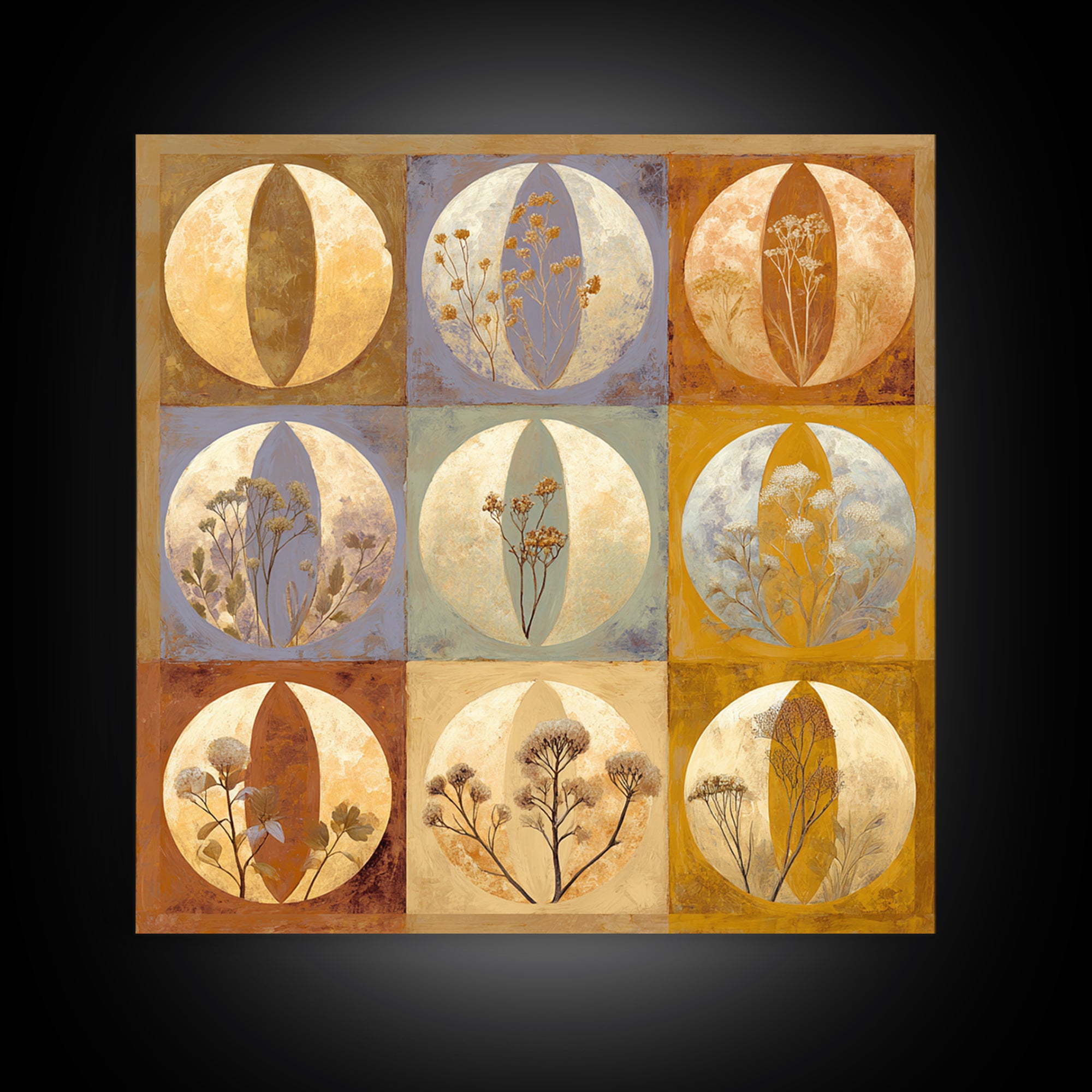 Moon Phases Above Botanical Silhouettes Framed Canvas Print, Boho Art, Boho Decor, Living Room Decor, Oil Painting, Bohemian, BOH-1x1-2