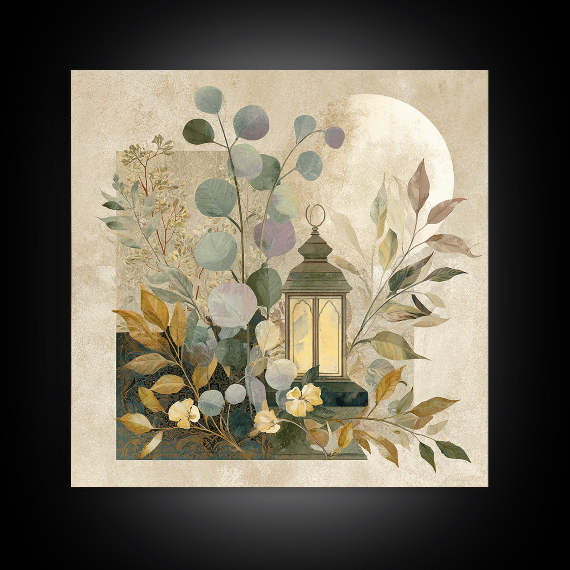 Sage Green Eucalyptus and Crescent Moon Canvas Print, Boho Art, Art Deco, Living Room Decor, Bohemian, Modern Wall Art, BOH-1x1-23