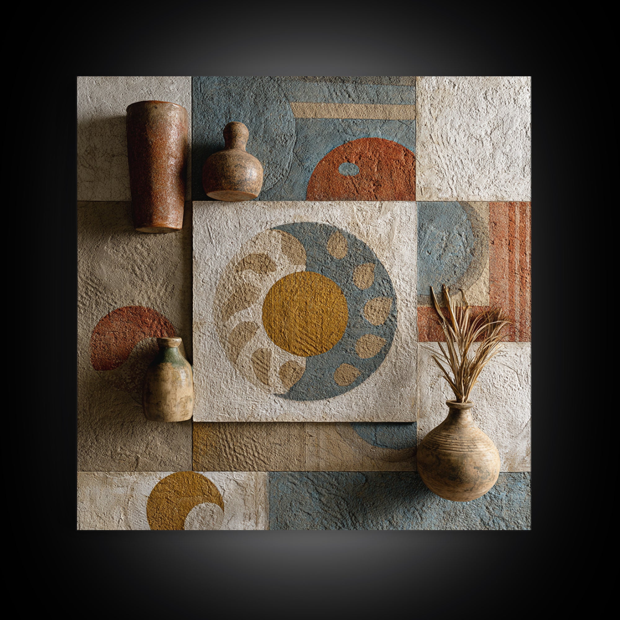 Sun and Moon Celestial Folk Motif Framed Canvas Print, Boho Art, Fine Art Print, Living Room Decor, Watercolor Art, Bohemian, BOH-1x1-34