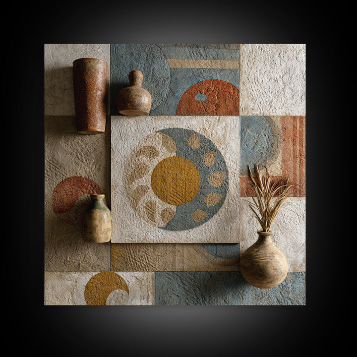 Sun and Moon Celestial Folk Motif Framed Canvas Print, Boho Art, Fine Art Print, Living Room Decor, Watercolor Art, Bohemian, BOH-1x1-34