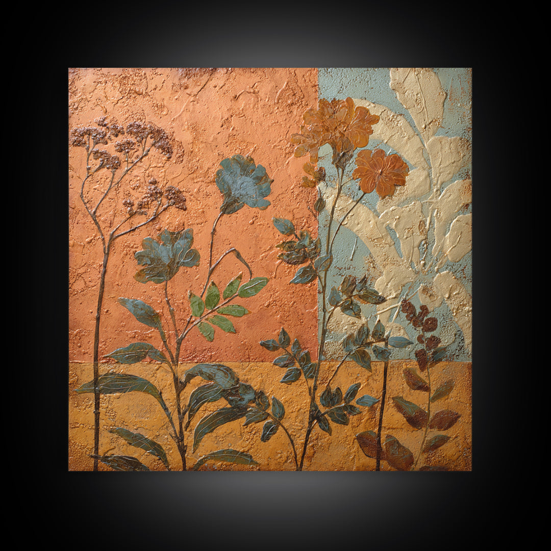 Burnt Orange Floral Field at Sunset Framed Canvas Print, Boho Art, Contemporary Art, Living Room Decor, Fine Art, Bohemian, BOH-1x1-37