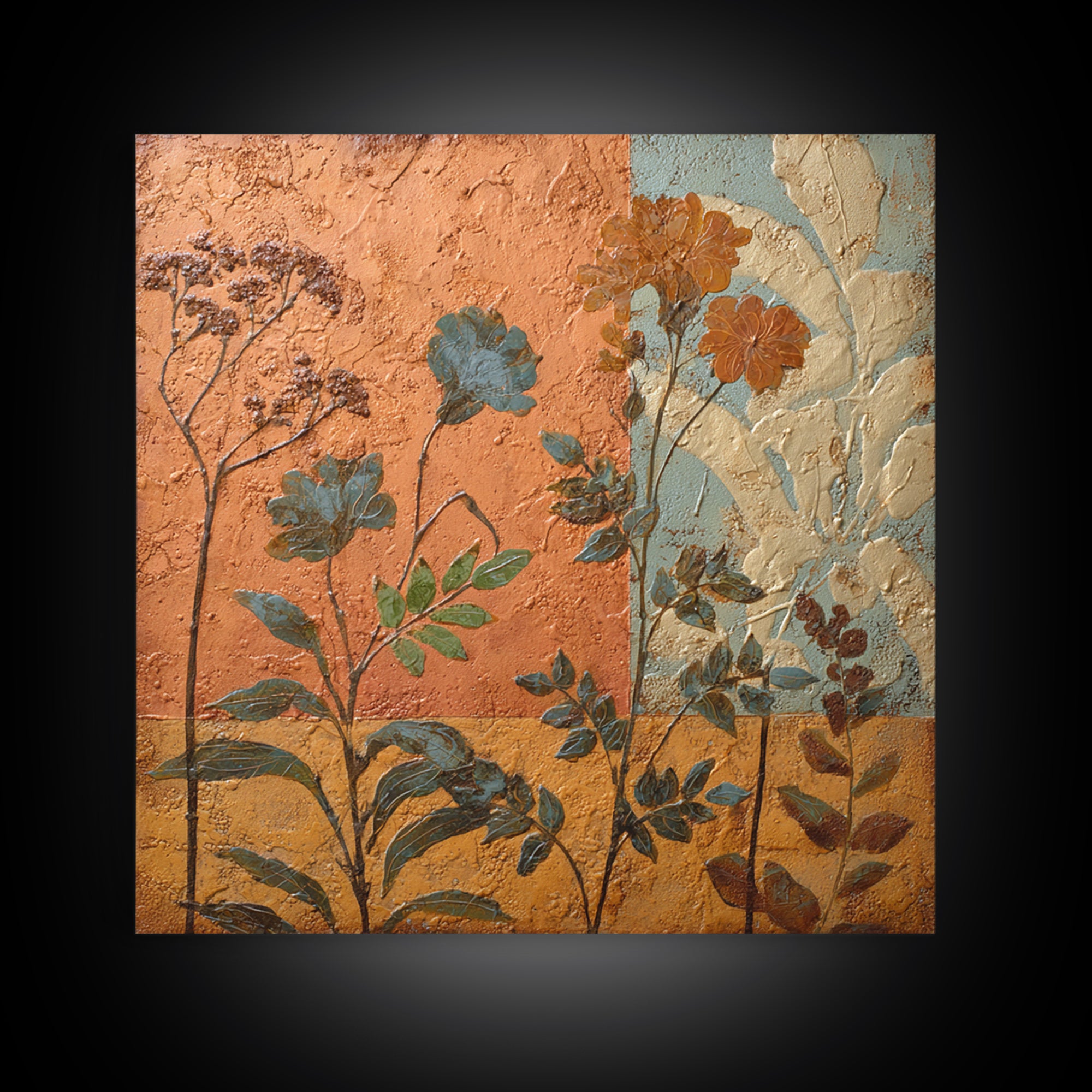 Burnt Orange Floral Field at Sunset Framed Canvas Print, Boho Art, Contemporary Art, Living Room Decor, Fine Art, Bohemian, BOH-1x1-37