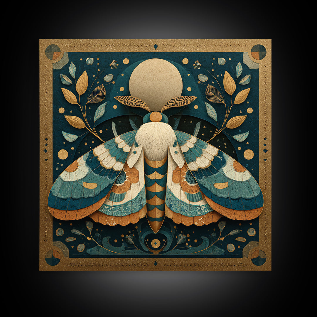Golden Moth with Moon and Stars Framed Canvas Print, Boho Art, Wall Art, Living Room Decor, Fine Art, Bohemian, Art Deco, BOH-1x1-41