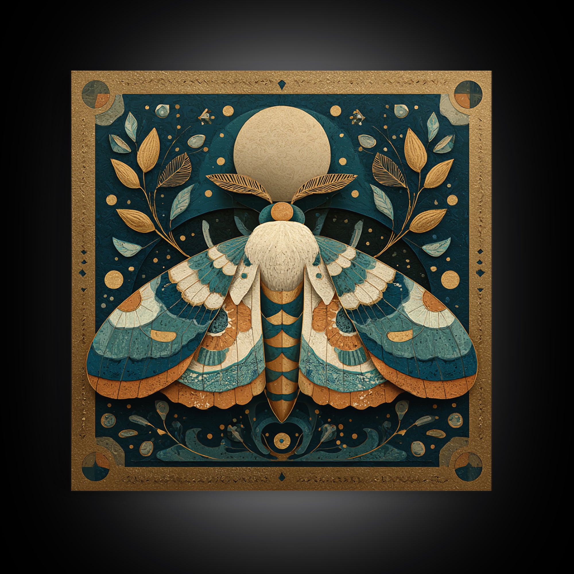 Golden Moth with Moon and Stars Framed Canvas Print, Boho Art, Wall Art, Living Room Decor, Fine Art, Bohemian, Art Deco, BOH-1x1-41