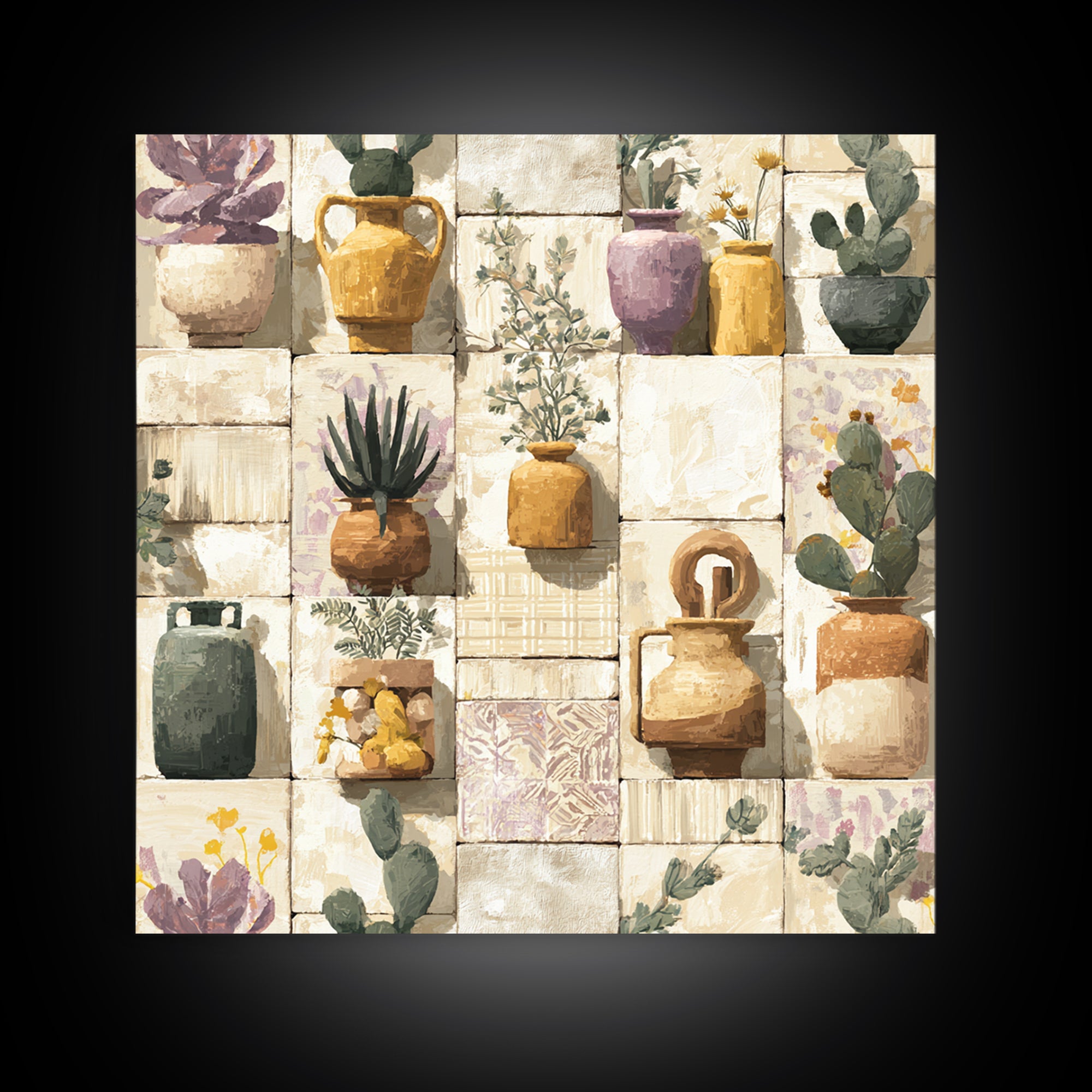 Warm Neutral Cactus Garden Illustration Framed Canvas Print, Boho Art, Wall Art Set, Living Room Decor, Fine Art, Bohemian, BOH-1x1-42