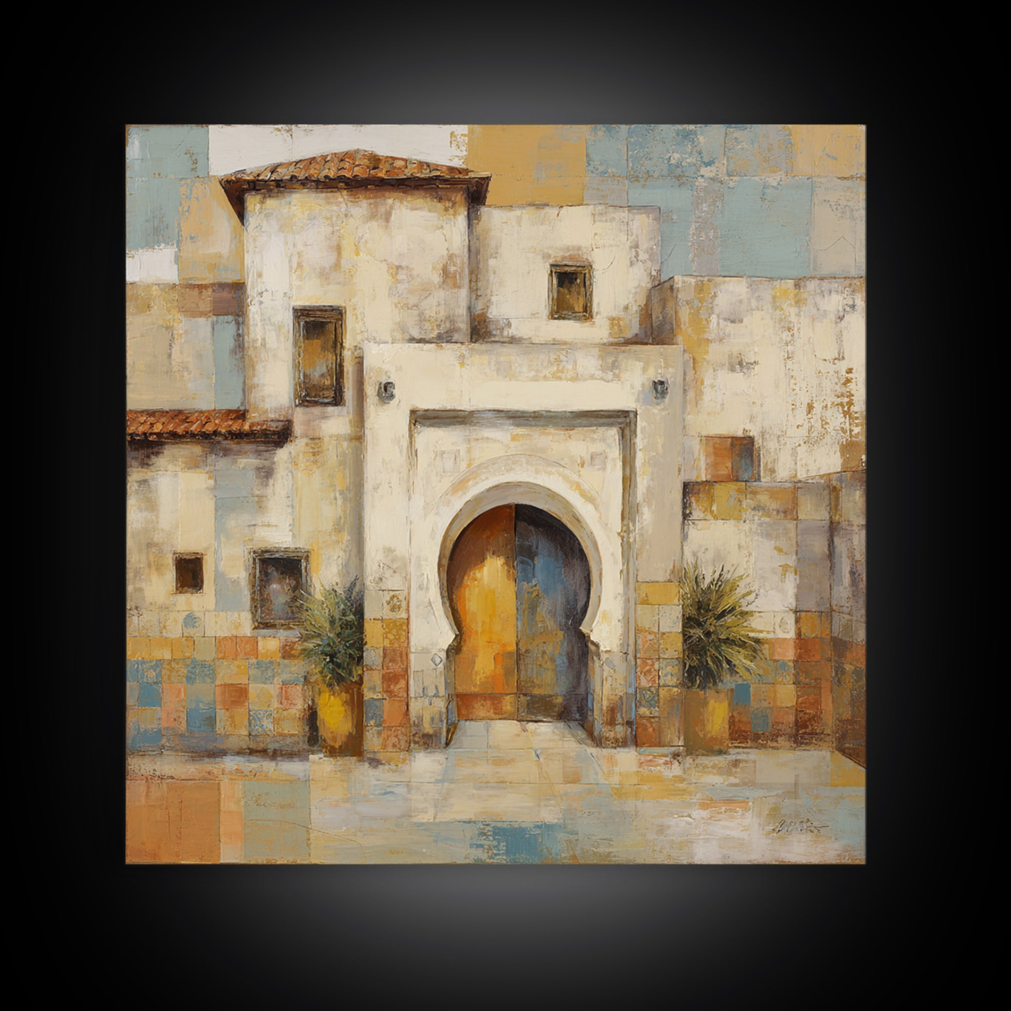 Hand Painted Moroccan Arch Framed Canvas Print, Boho Art, Garden Art, Living Room Decor, Oil Painting, Bohemian, BOH-1x1-43