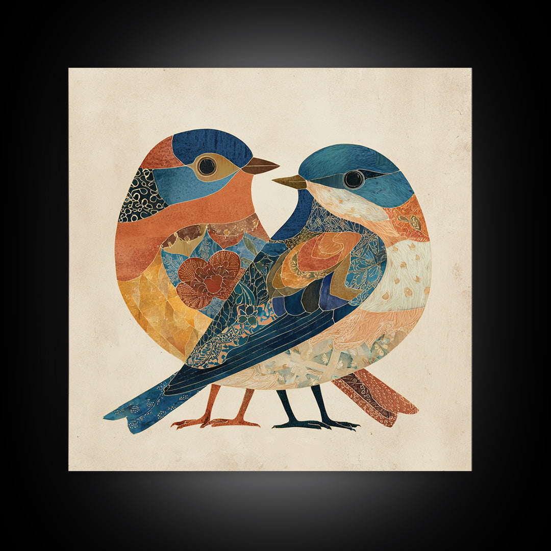 Boho Bird Pair Framed Canvas Print, Boho Art, Digital Wall Art, Living Room Decor, Bohemian, Garden Art, Wall Art Print, BOH-1x1-44