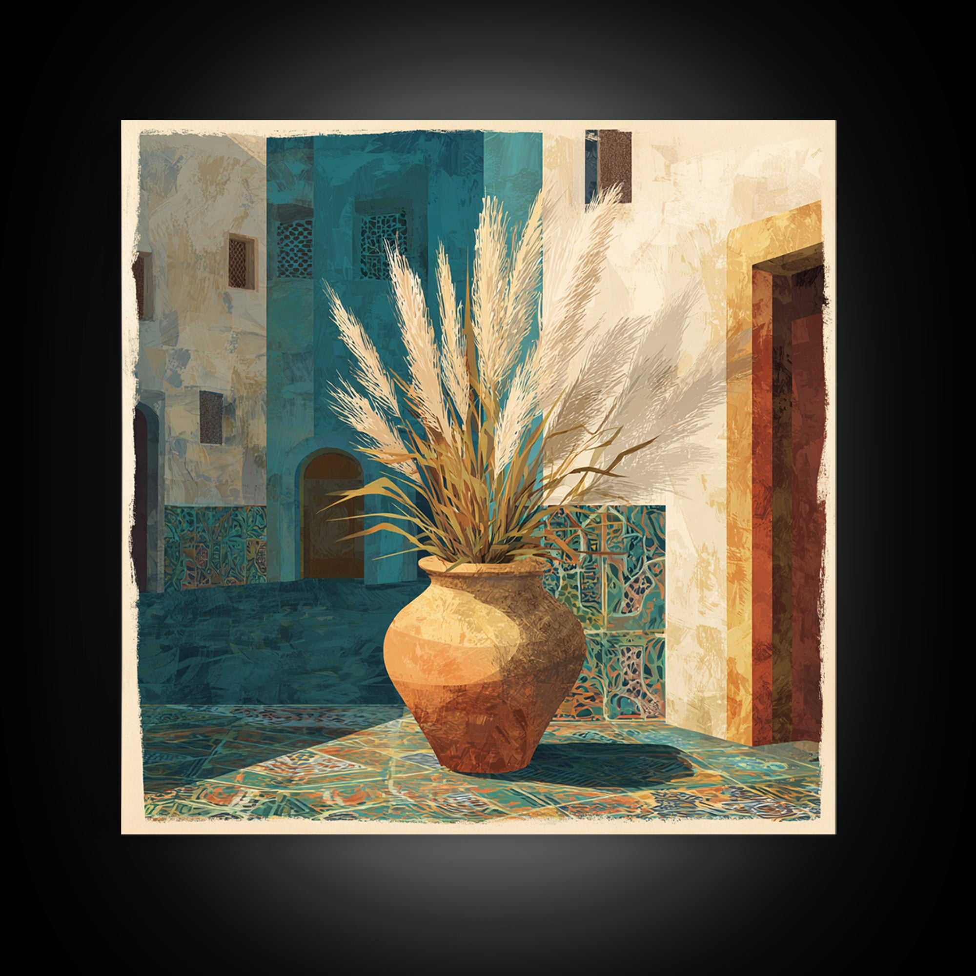 Bohemian Vase with Dried Pampas Grass Framed Canvas Print, Boho Art, Prints, Living Room Decor, Abstract Art, Bohemian, BOH-1x1-57