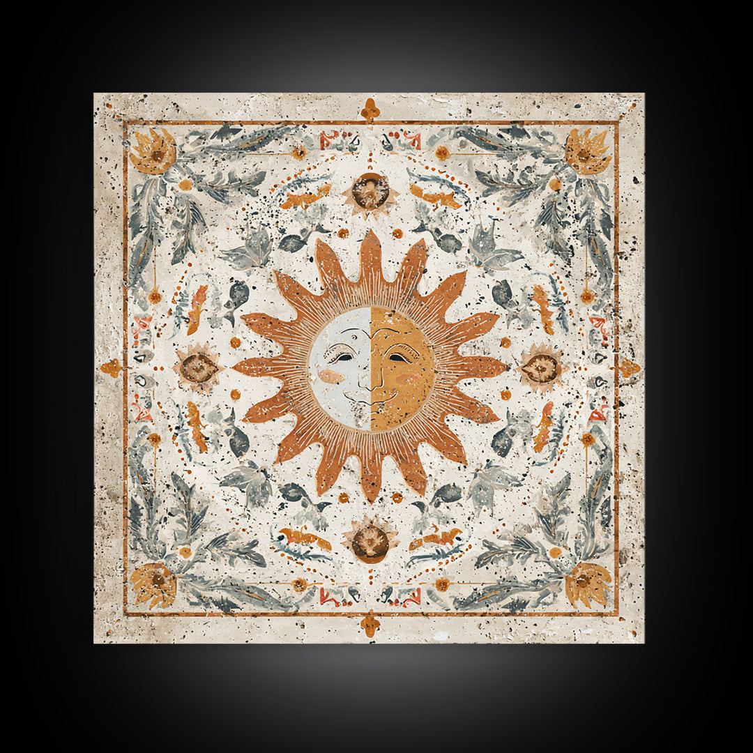 Sun and Moon Celestial Folk Motif Framed Canvas Print, Boho Art, Fine Art Print, Living Room Decor, Watercolor Art, Bohemian, BOH-1x1-58
