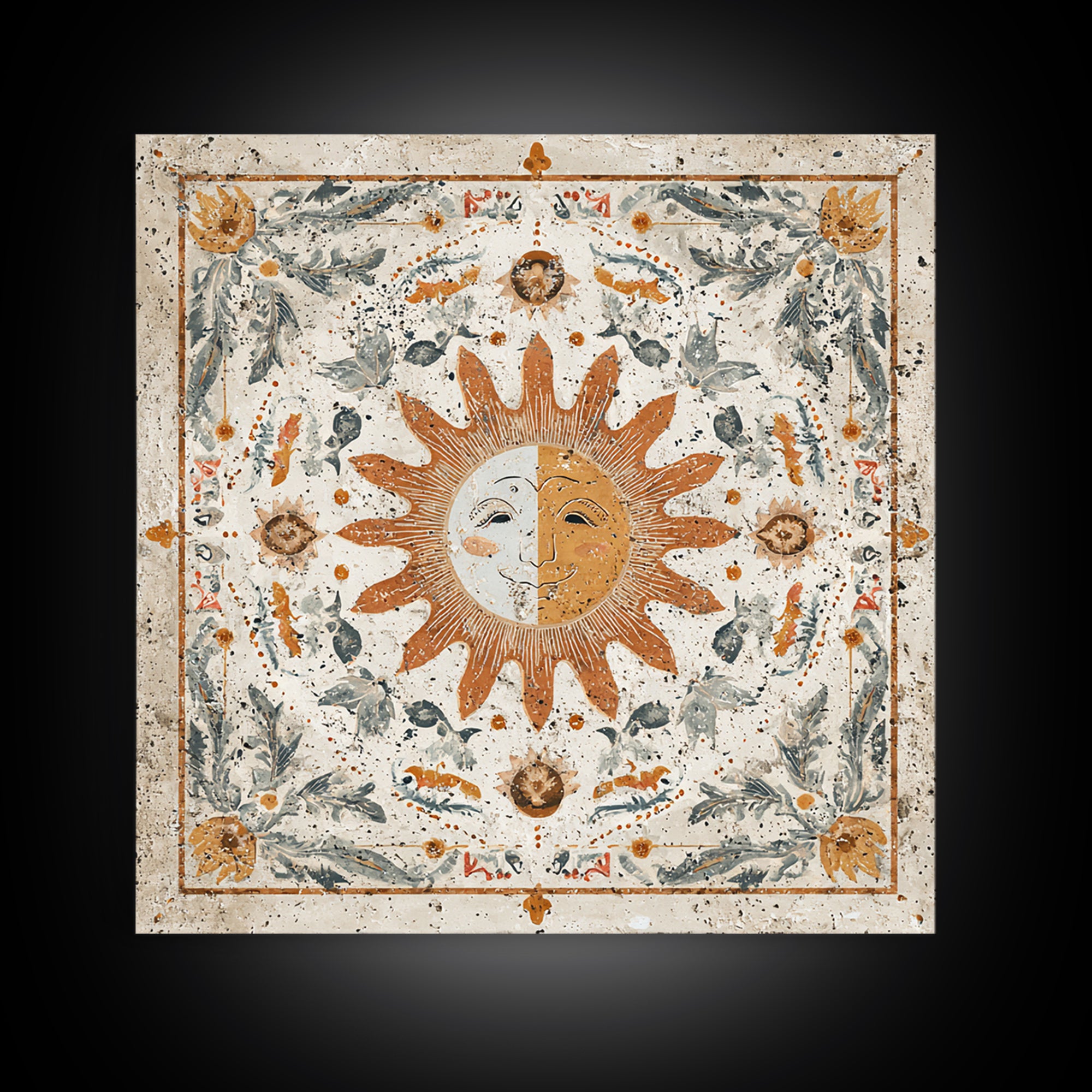 Sun and Moon Celestial Folk Motif Framed Canvas Print, Boho Art, Fine Art Print, Living Room Decor, Watercolor Art, Bohemian, BOH-1x1-58