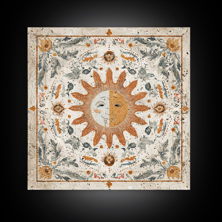 Sun and Moon Celestial Folk Motif Framed Canvas Print, Boho Art, Fine Art Print, Living Room Decor, Watercolor Art, Bohemian, BOH-1x1-58