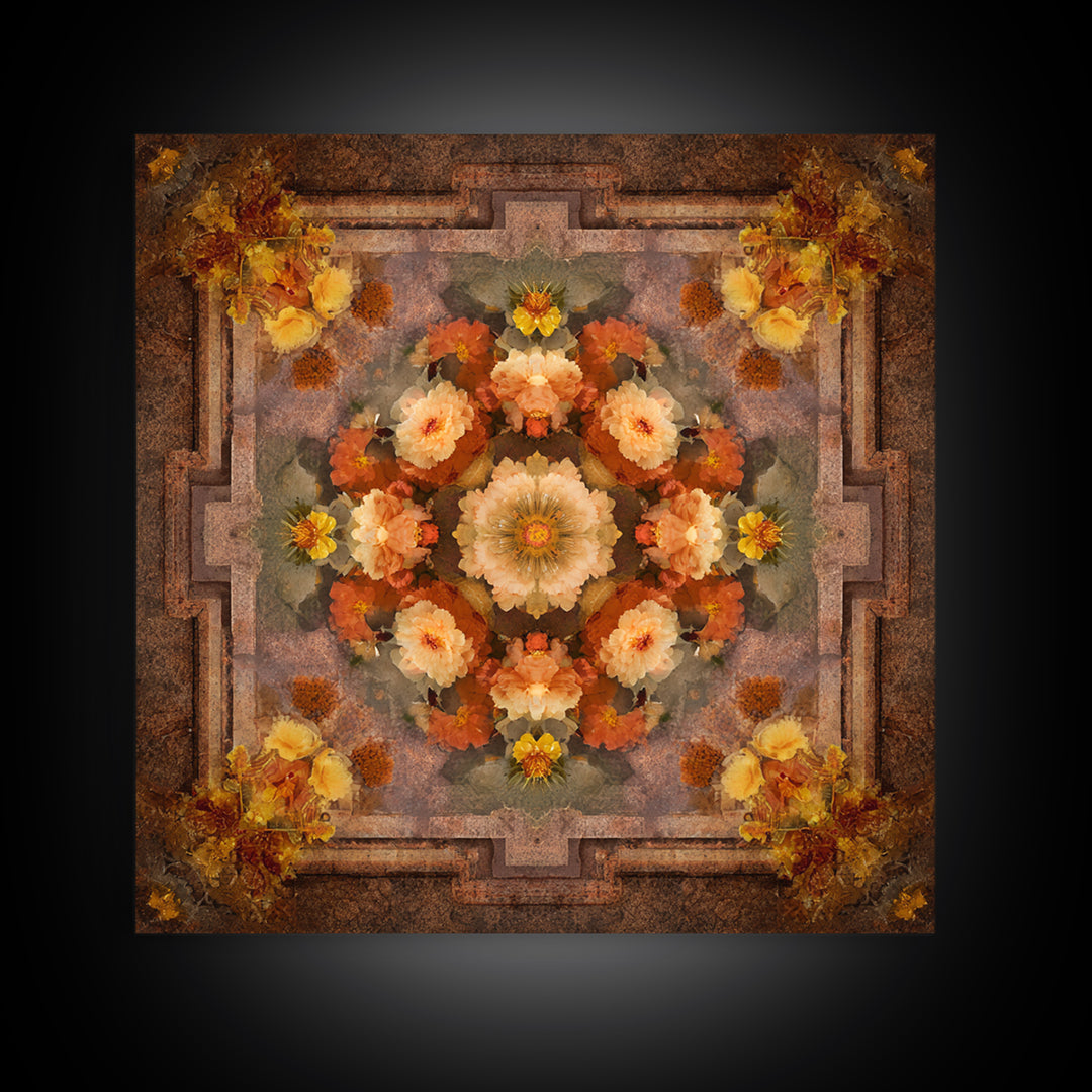 Burnt Orange Floral Field at Sunset Framed Canvas Print, Boho Art, Contemporary Art, Living Room Decor, Fine Art, Bohemian, BOH-1x1-61