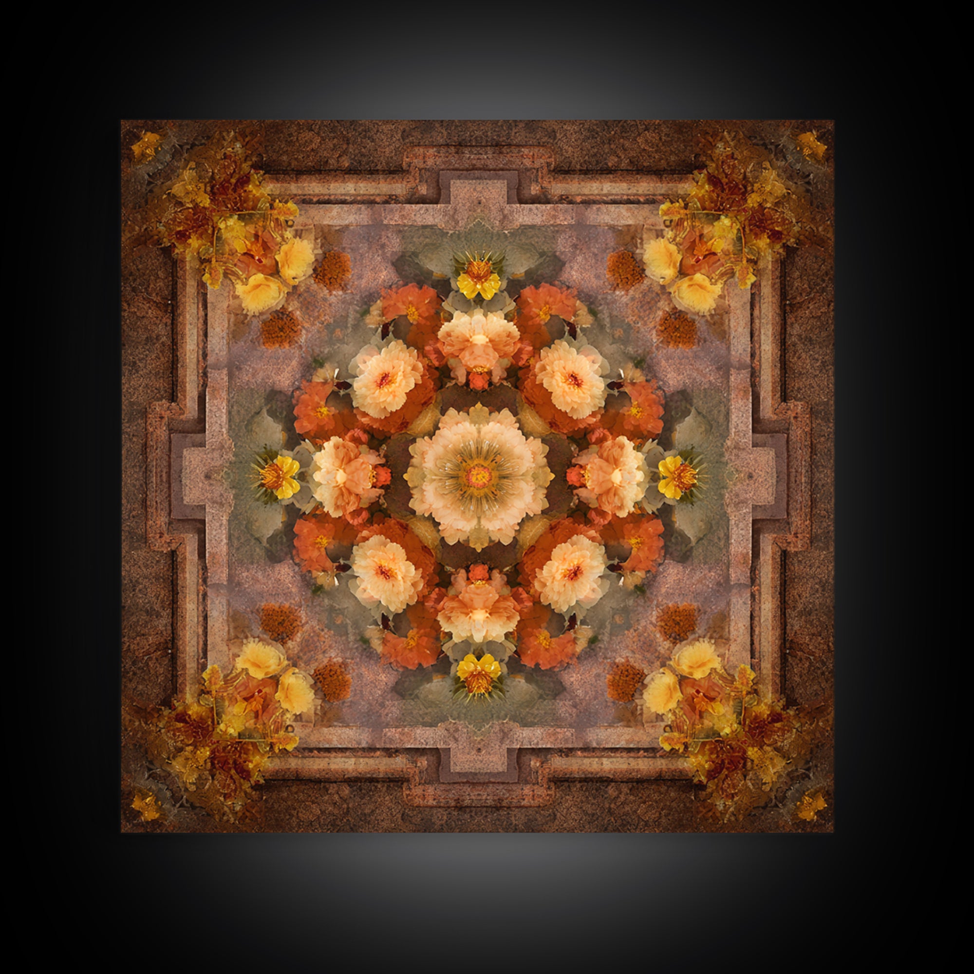 Burnt Orange Floral Field at Sunset Framed Canvas Print, Boho Art, Contemporary Art, Living Room Decor, Fine Art, Bohemian, BOH-1x1-61