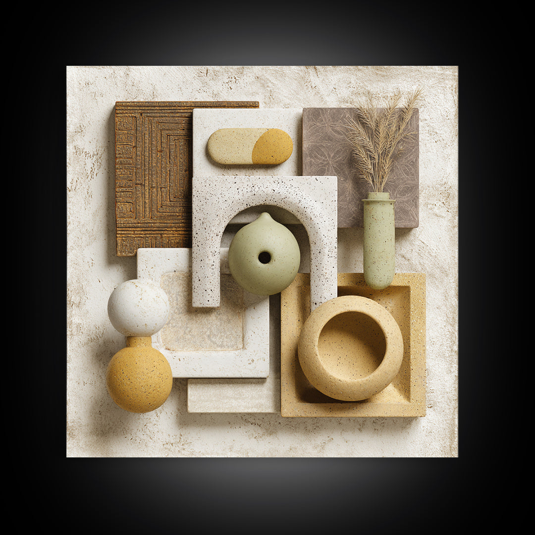 Abstract Clay Shapes Framed Canvas Print, Boho Art, Printable Art, Living Room Decor, Abstract Art, Bohemian, Neutral Decor, BOH-1x1-64