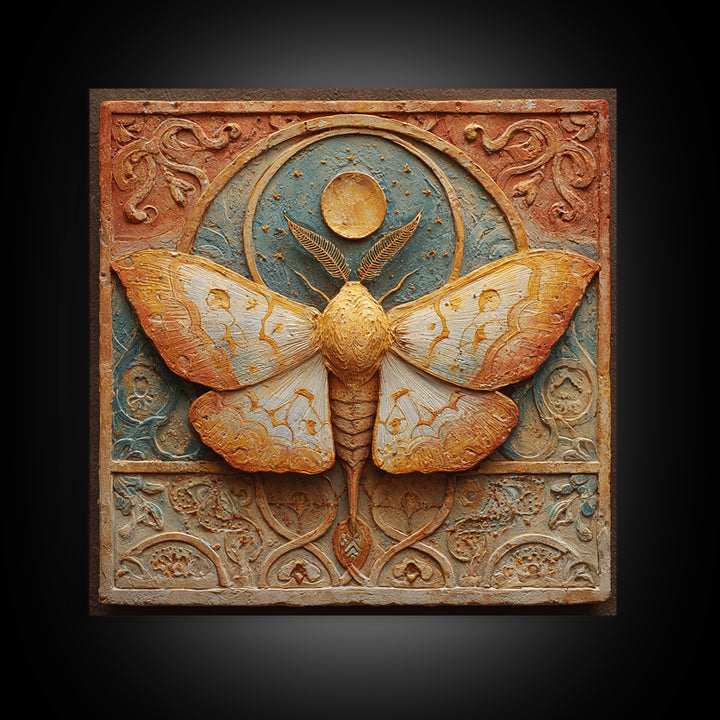 Golden Moth with Moon and Stars Framed Canvas Print, Boho Art, Wall Art, Living Room Decor, Fine Art, Bohemian, Art Deco, BOH-1x1-65