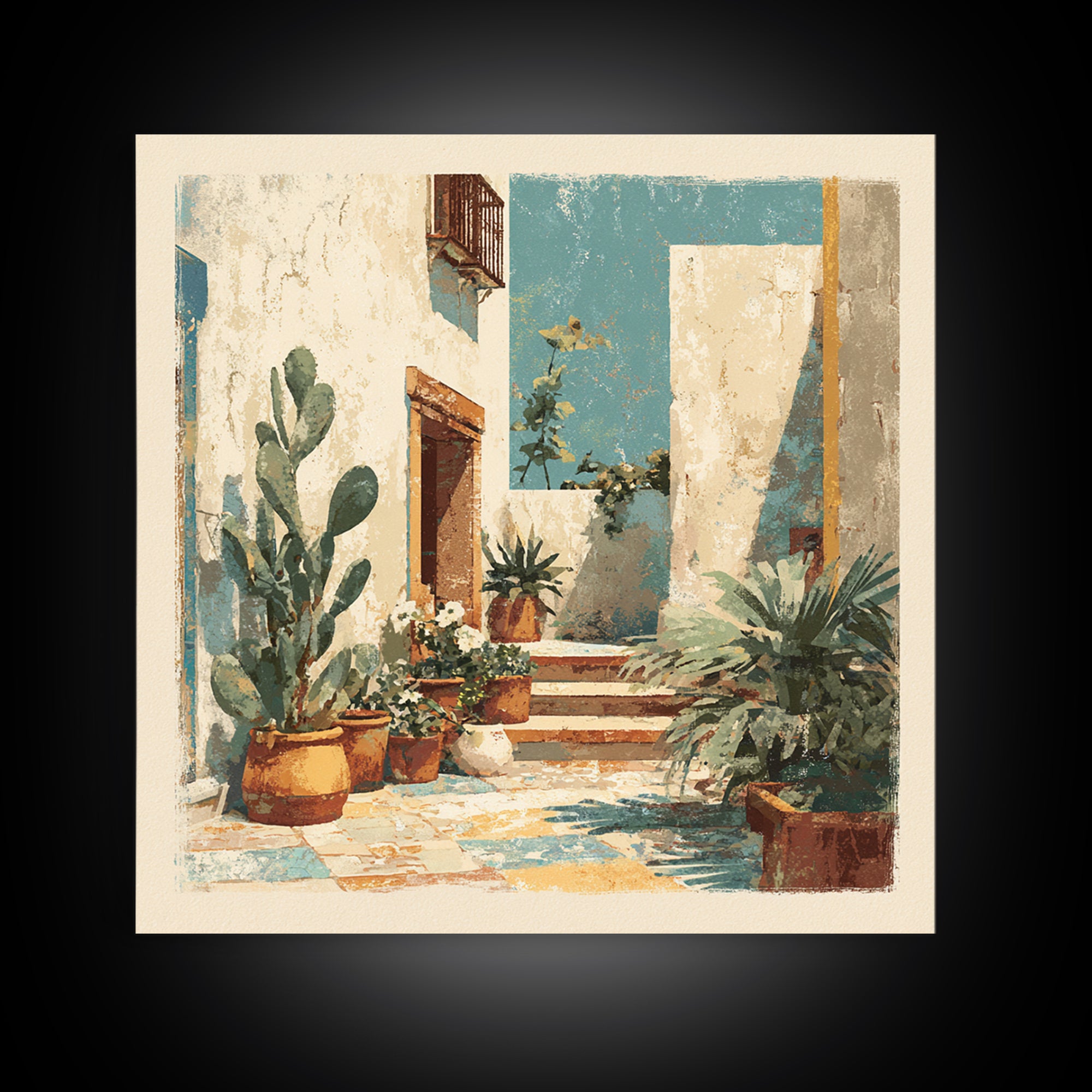 Warm Neutral Cactus Garden Illustration Framed Canvas Print, Boho Art, Wall Art Set, Living Room Decor, Fine Art, Bohemian, BOH-1x1-66