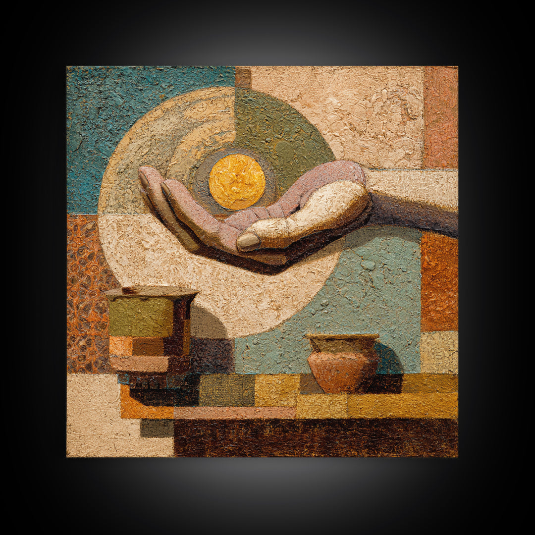 Mystic Hand Holding a Tiny Sun Framed Canvas Print, Boho Art, Textured Painting, Living Room Decor, Fine Art, Bohemian, BOH-1x1-78