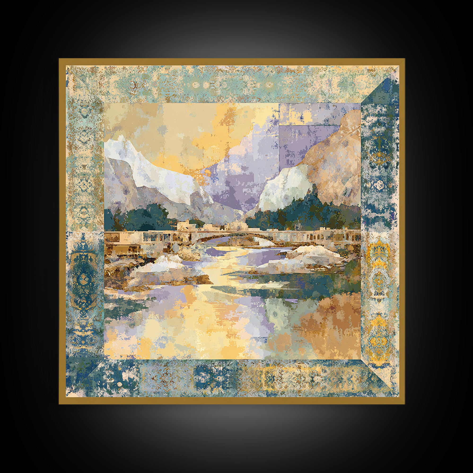 Earth Tone Mountain and River Abstraction Framed Canvas Print, Boho Art, Living Room Decor, Oil Painting, Bohemian, BOH-1x1-83