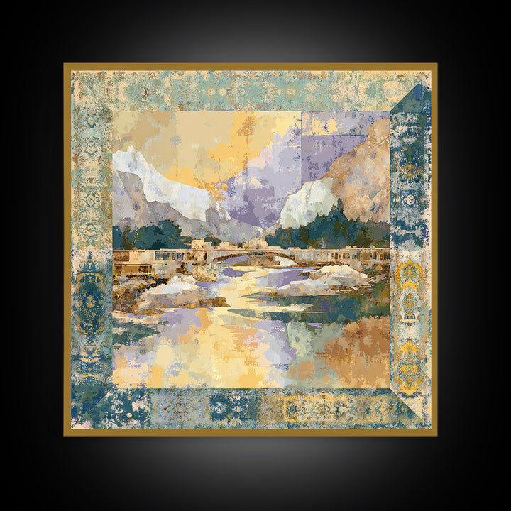 Earth Tone Mountain and River Abstraction Framed Canvas Print, Boho Art, Living Room Decor, Oil Painting, Bohemian, BOH-1x1-83